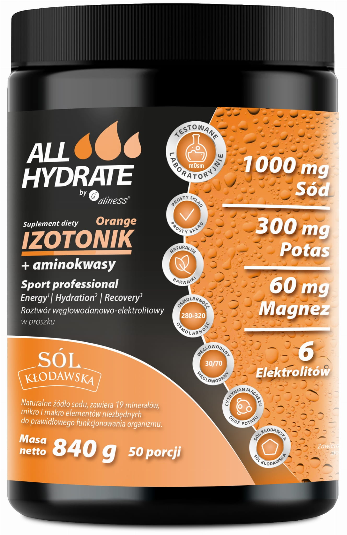 ALLHydrate, Izotonik Sport Orange+aminokwasy 840g, 50 porcji